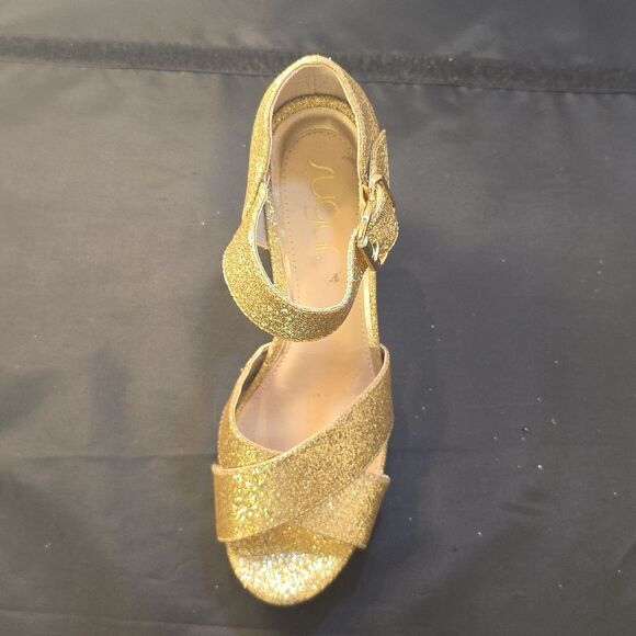 SUGAR LEEZA GOLD GLITTER CRISS-CROSS STRAP BLOCK HEEL HEIGHT SANDAL - Picture 16 of 16